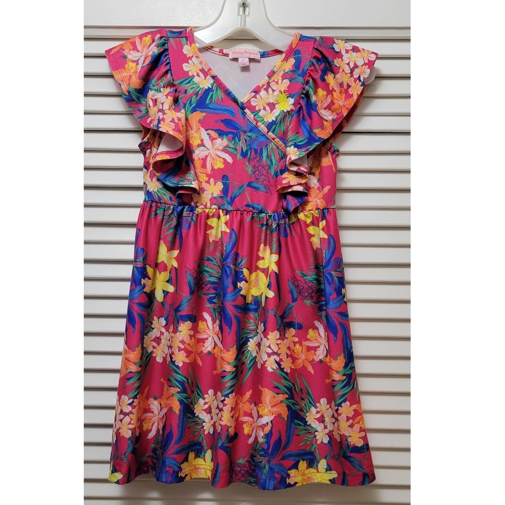 Girls Pink Tropical Floral Stylish Playful Ruffle vibrant beautiful Dress 4T
T